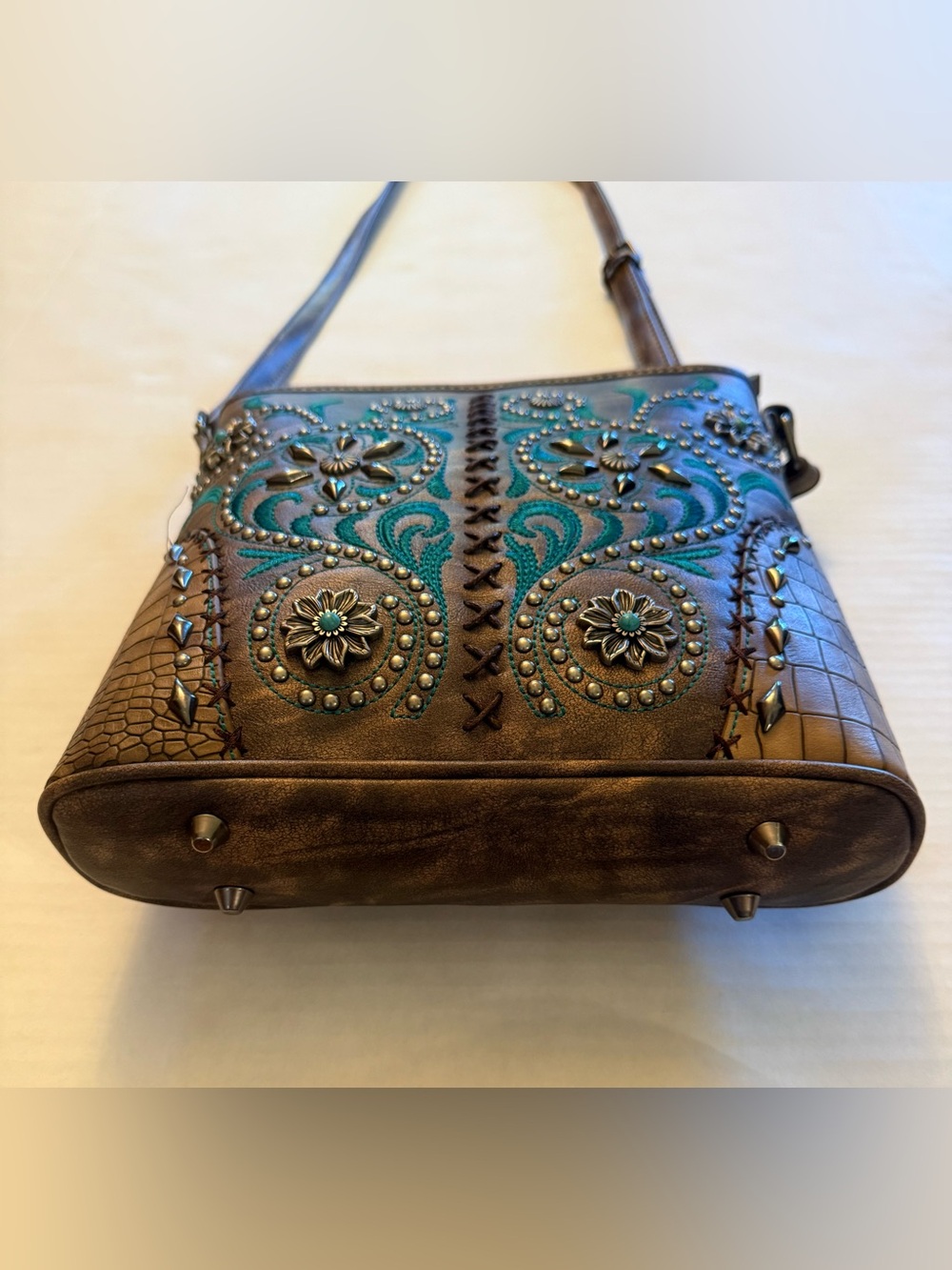 Montana West Western Crossbody Purse Brown Turquoise Embroidered Studded Bag - Picture 12 of 15
